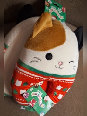 Squishmallows Cat Plush in White, Brown, Red & Green Holiday Sweater